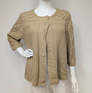 Sand Tan Babydoll Cropped Sleeve Cardigan Sweater Celtic Knot Rib Knit